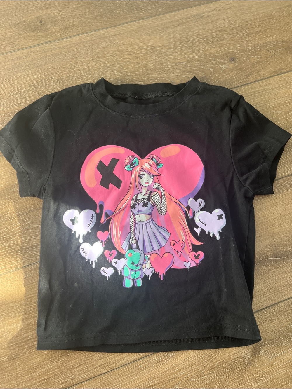 Dolls Kill Black Graphic Tee with Pink & Mint Anime Heart Print
